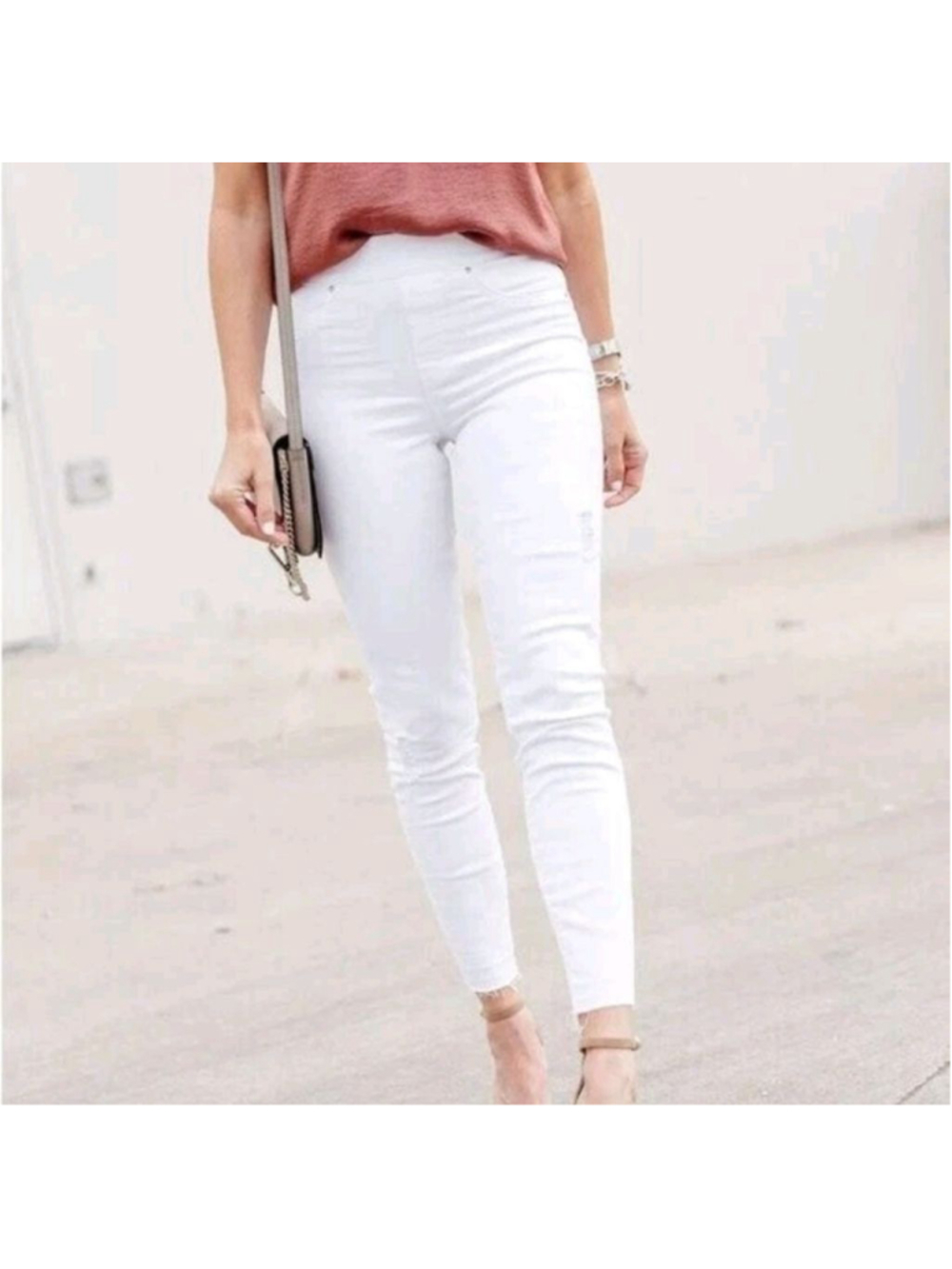 SPANX White Distressed Pull On Skinny Jeans #74 Size L